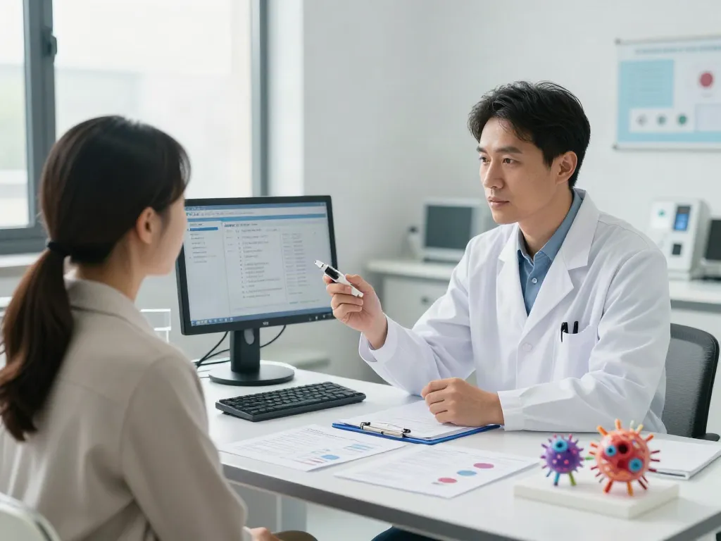 Patient learning about CAR T-cell therapy in a modern clinical setting with medical staff.