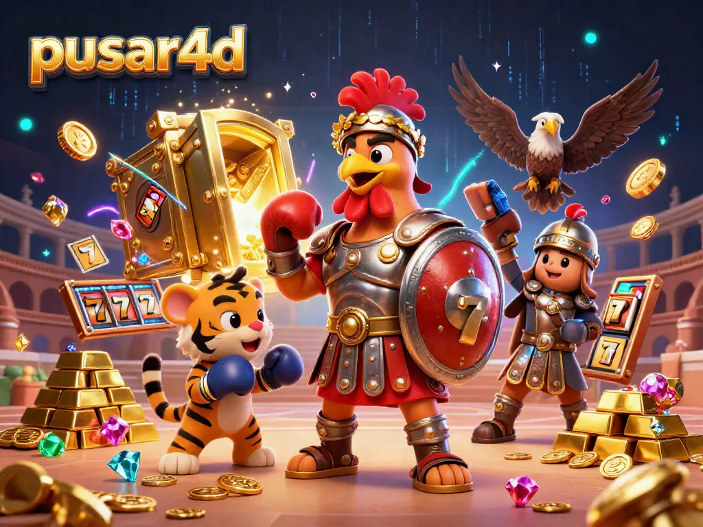Engage in thrilling action with pusar4d as a gladiator rooster and a tiger cub spar in a vibrant casino setting.