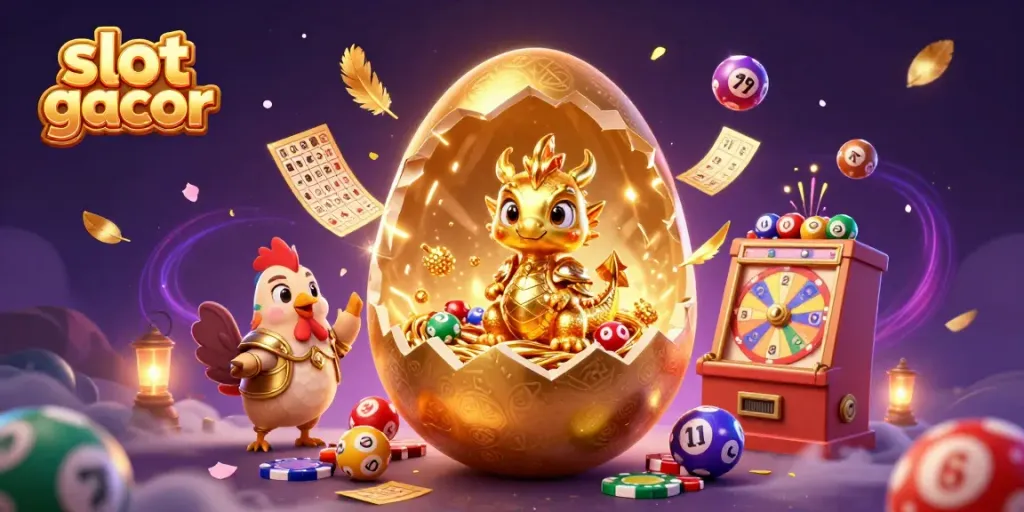 Pengalaman bermain yang mendebarkan dengan slot gacor, menampilkan naga emas, chip poker, dan bola lotre berwarna-warni.