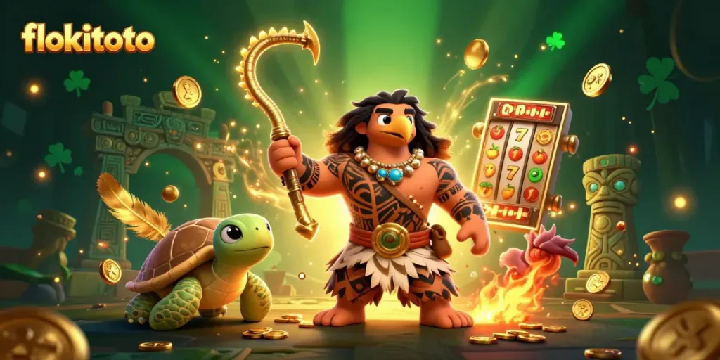 Experience exciting gaming action at flokitoto with dynamic slot reels, colorful symbols, and thrilling character interactions.