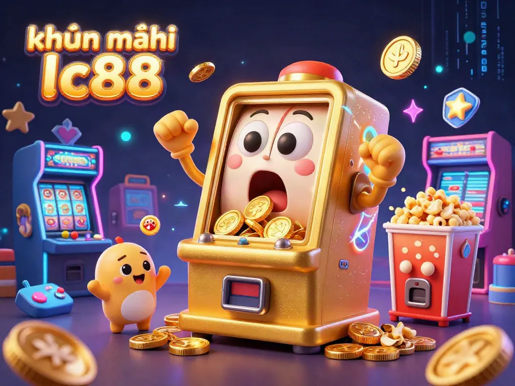 Experience khuyến mãi lc88 with a golden slot machine hitting a jackpot, surrounded by playful elements.