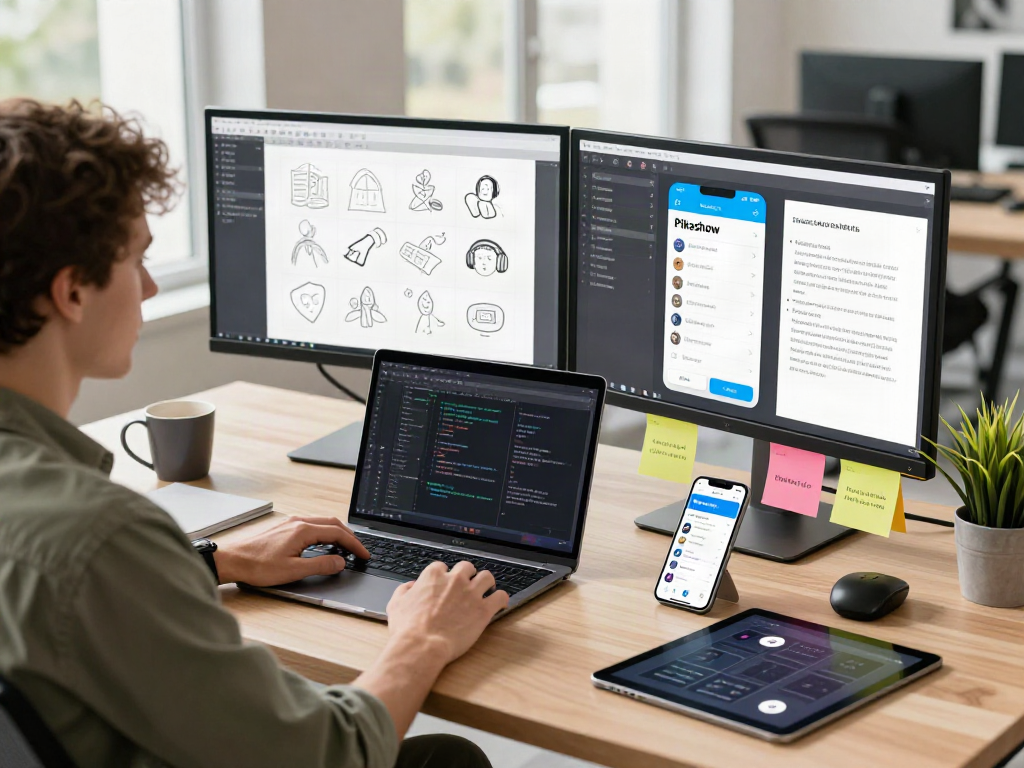 Pikashow app showcased in a creative tech workspace featuring a mobile developer in action.