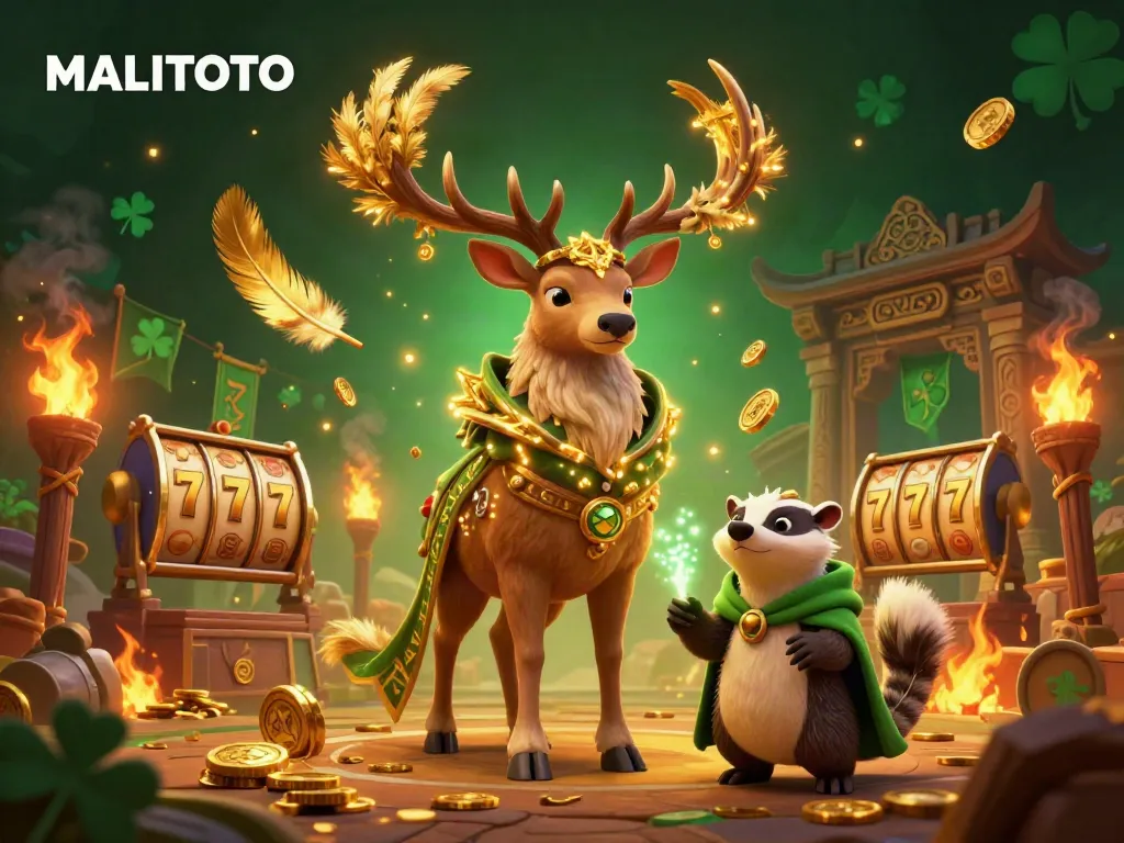 MALITOTO players enjoy a dynamic casino scene with a druid stag, badger, and slot machines.