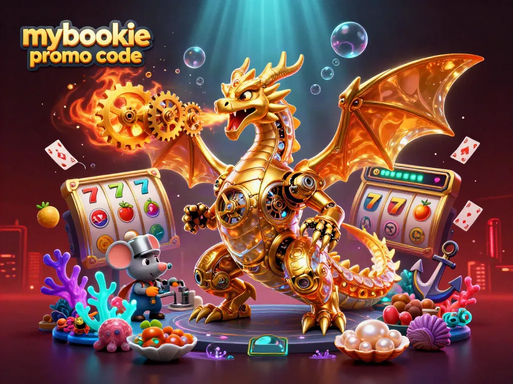 Experience the excitement of playing slots with the mybookie promo code in a vibrant 3D illustration.