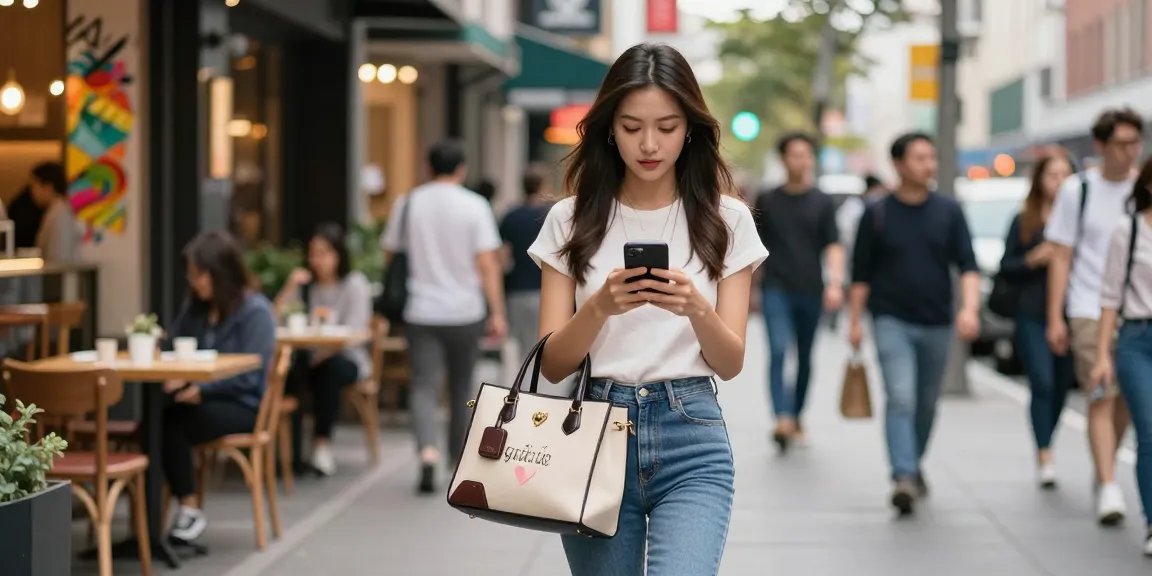 Hình ảnh gái gọi trẻ trung tự tin trong trang phục thời trang, sử dụng smartphone giữa phố sầm uất.