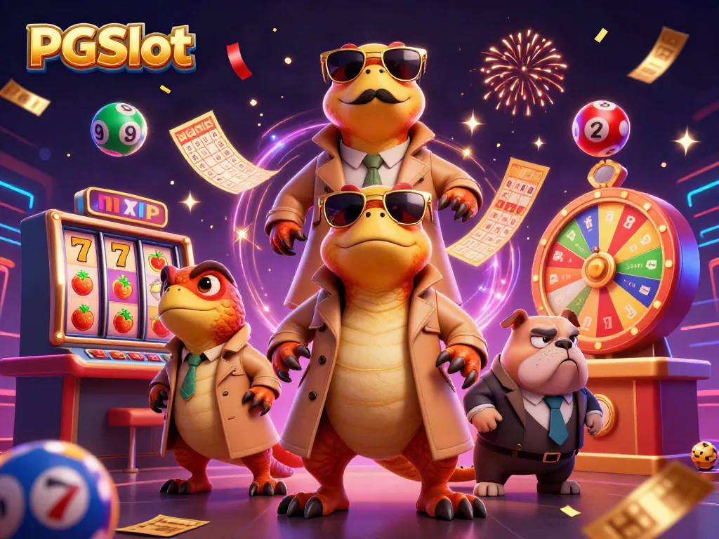 Experience excitement at PGSlot with cartoon raptors in a trench coat trying to enter a casino, surrounded by lively gaming elements.