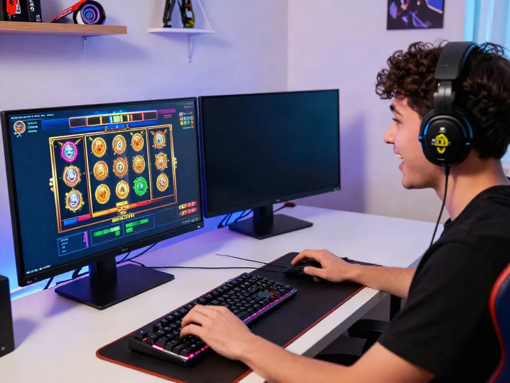 Excited player at a gaming setup enjoying situs slot777 on dual monitors, vibrant game graphics visible.