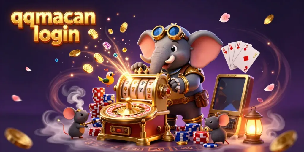 Spin the reels with qqmacan login featuring a steampunk elephant in a vibrant casino scene.