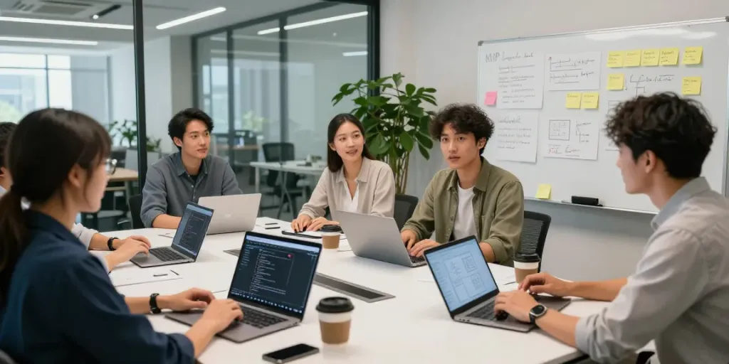 Dynamic team collaborating on mvp development service ideas in a modern office environment