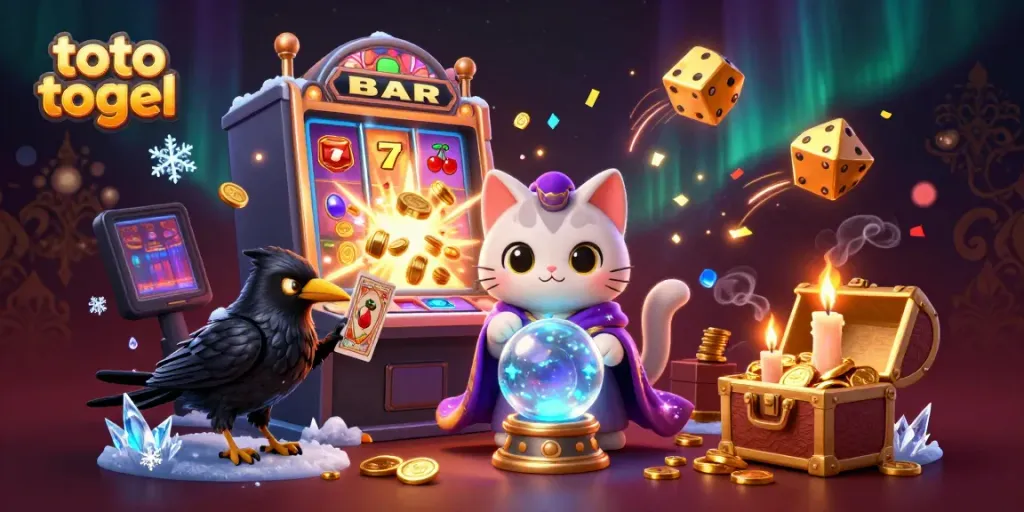 Experience the thrilling world of toto togel with a mystical scene featuring a fortune teller cat, tarot card raven, and vibrant casino elements.