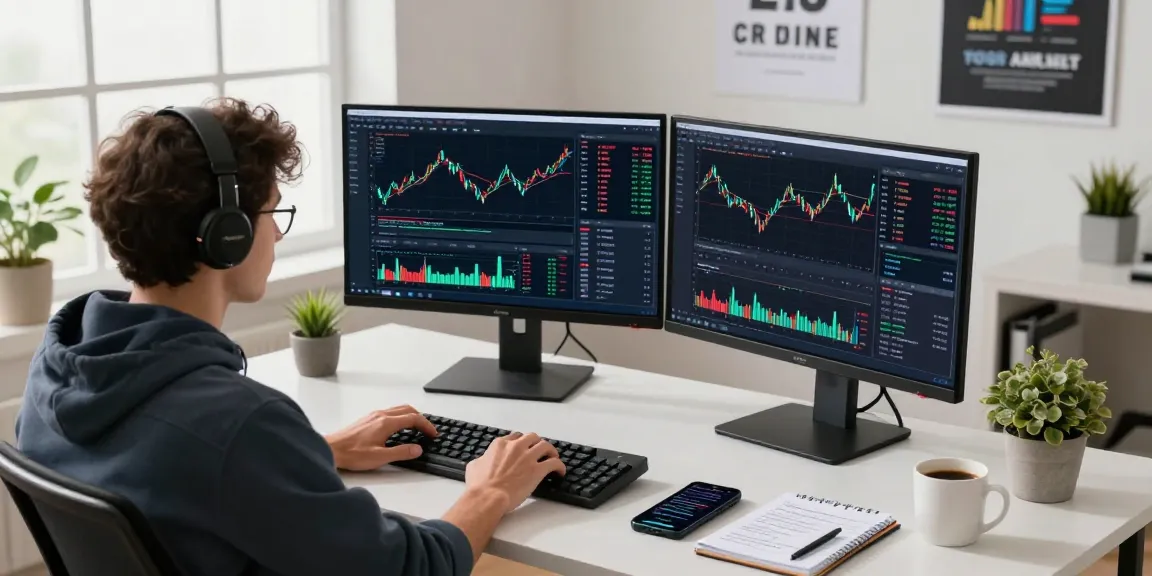 开发者使用印股WebSocket推送接口分析股票市场数据，现代化办公环境，显示实时图表和金融分析。