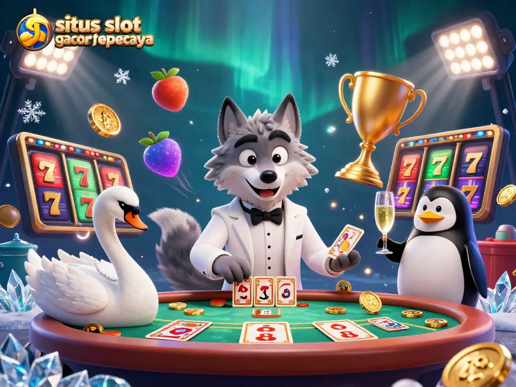 Engaging scene of situs slot gacor terpercaya with a sophisticated wolf at a baccarat table, a swan dealer, and a penguin sommelier.