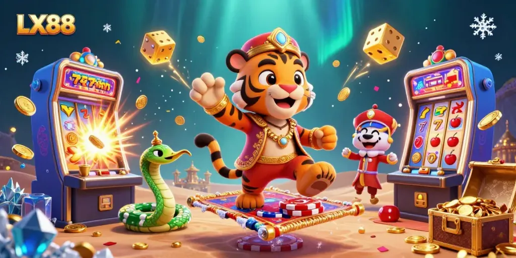 LX88 showcases a vibrant illustration of a golden jackpot scene in a colorful casino setting.