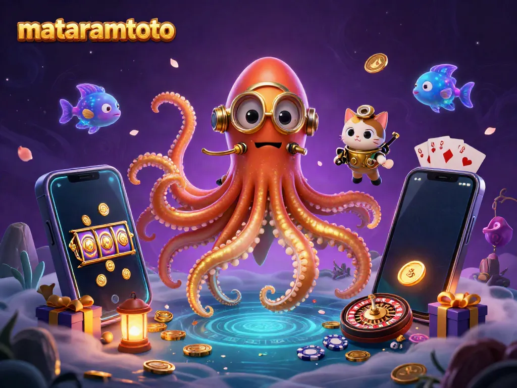 Mataramtoto brings you a thrilling 3D cartoon adventure featuring a kraken, a diving cat, and deep-sea fish surrounded by vibrant gaming elements.