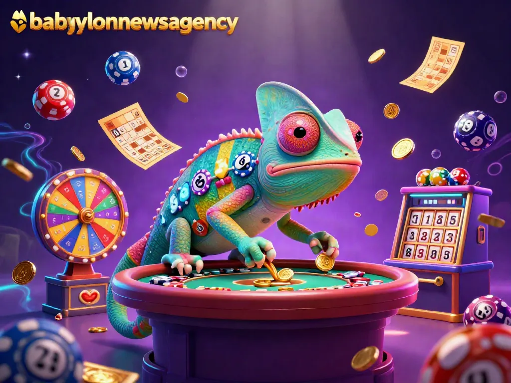 Experience thrilling gameplay with babylonnewsagency's dynamic casino scene filled with colorful lottery balls, prizes, and gold.