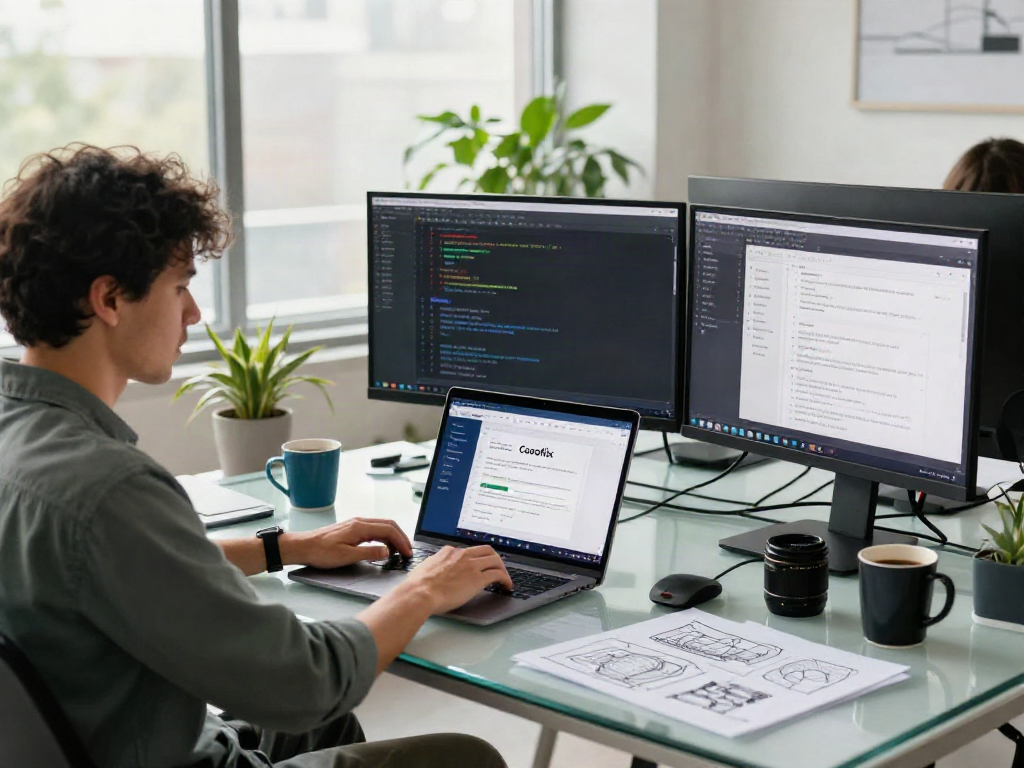 Developer innovatively designing the cocoflix app in a modern workspace filled with tech gadgets.