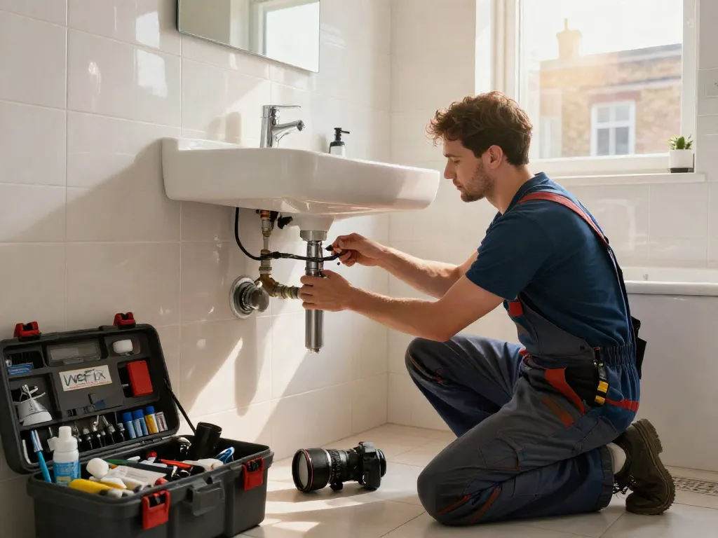WEFIX London plumber installing a new sink in a modern bathroom, showcasing quality service and professionalism.