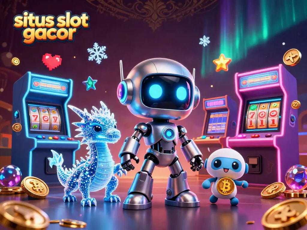 Gambaran situs slot gacor dengan karakter robot cyberpunk dan elemen kasino yang dinamis.