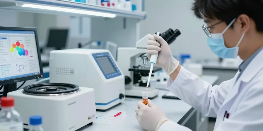 Scientist analyzing ac peptide samples in a modern laboratory environment
