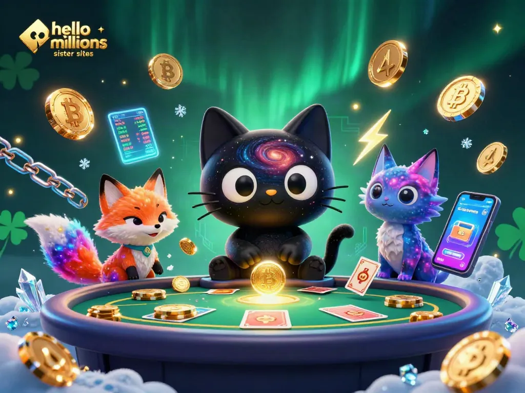 Engage with hello millions sister sites in this vibrant cosmic casino scene showcasing a black hole cat and nebula fox.