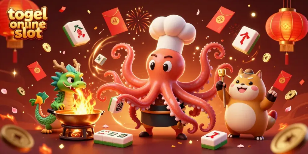 Bergabunglah dalam keseruan togel online slot dengan karakter unik seperti chef gurita dan naga yang merayakan kejutan jackpot!