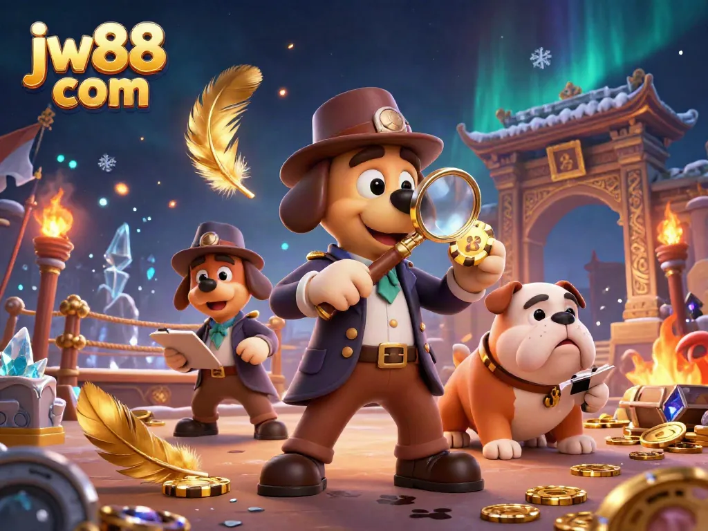 Engage with the thrill of jw88 com's gambling scene, featuring a detective exploring poker chip clues.