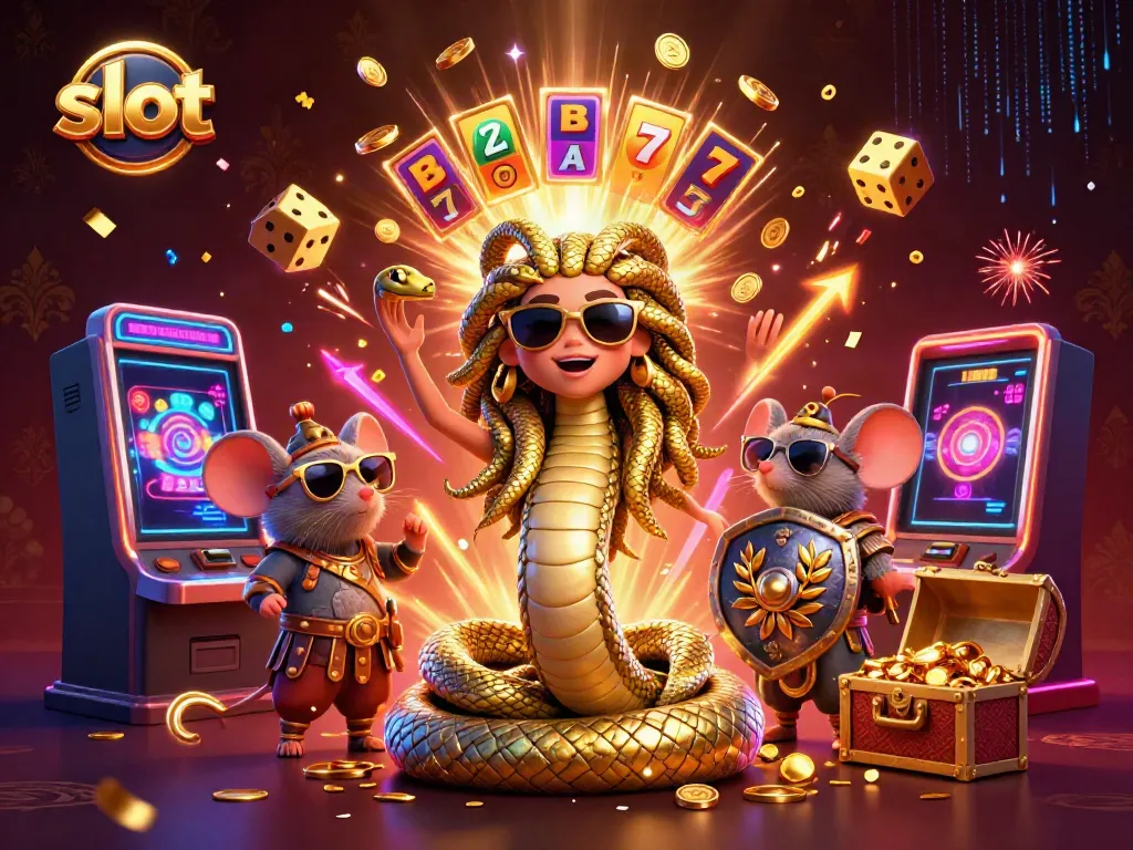 Experience the thrill of slot gaming in a vibrant, colorful 3D casino scene with Medusa and a mouse warrior.