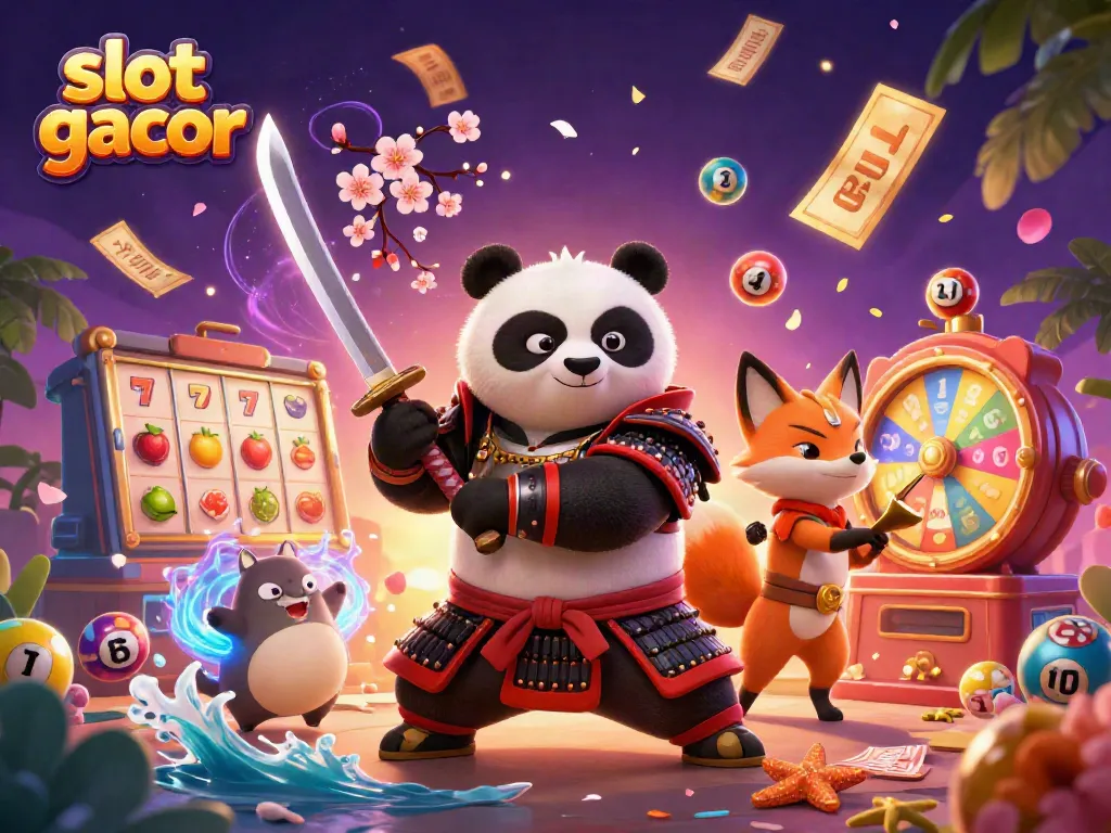 Experience the excitement of slot gacor with a vibrant, detailed illustration of a samurai panda and ninja fox in a dynamic casino scene.