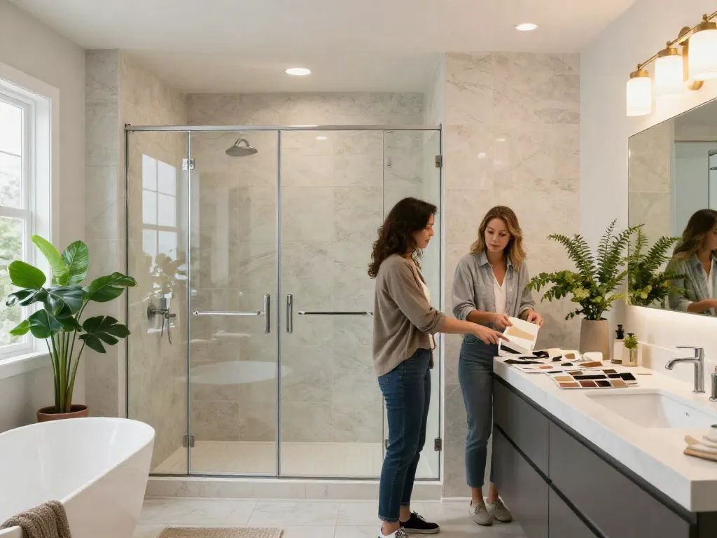 Renovated bathroom remodeling featuring modern walk-in shower and designer consultation by bathroom remodeling contractor Bellevue