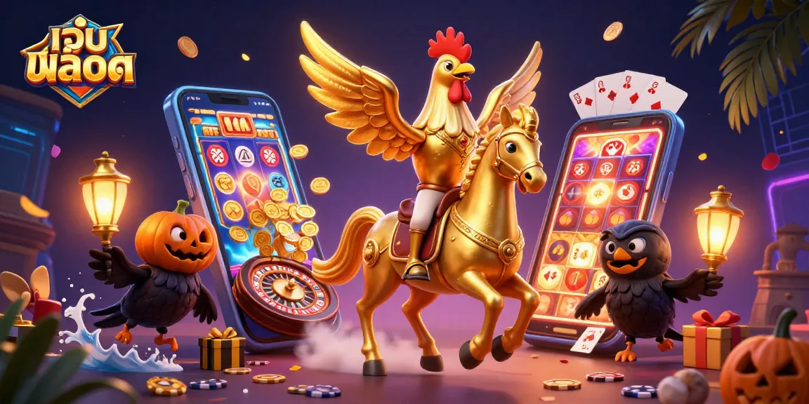 Engage with เว็บสล็อต featuring a golden rooster in a vibrant casino scene with thrilling slot action.