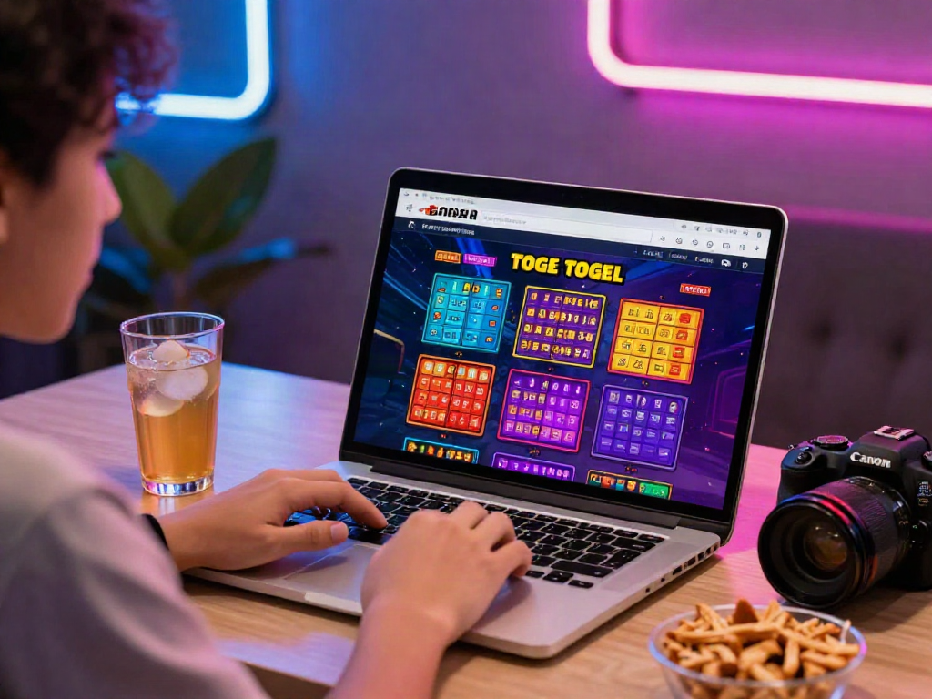 Engaging user at stylish desk enjoying bandar togel online with vibrant backdrop and snacks.