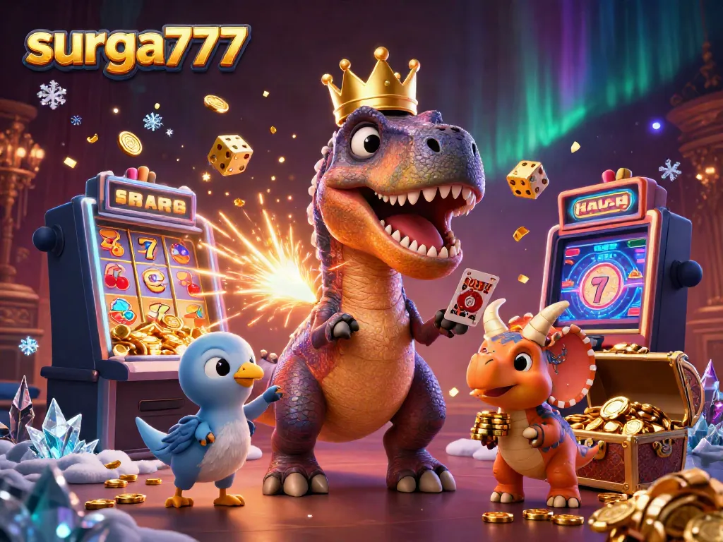 Experience the thrilling atmosphere of surga777 with dynamic characters and casino elements in a vibrant 3D scene.