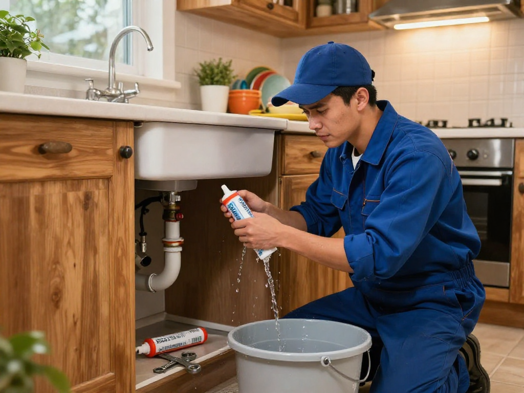 Emergency plumber Fort Worth repairing a burst pipe in a home kitchen, ensuring quick resolution with a professional touch.