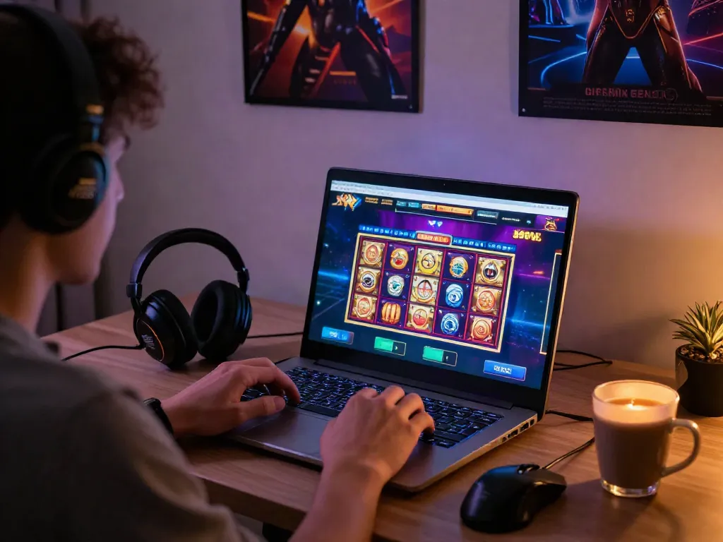 Engaged user playing vibrant slot resmi games on laptop in cozy home environment.