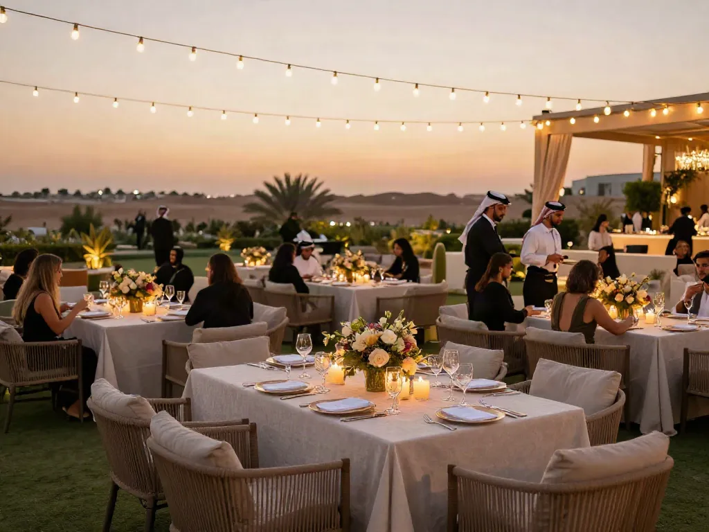 Event furniture rental showcasing an elegant outdoor setup with lounge seating, linens, and ambient lighting.