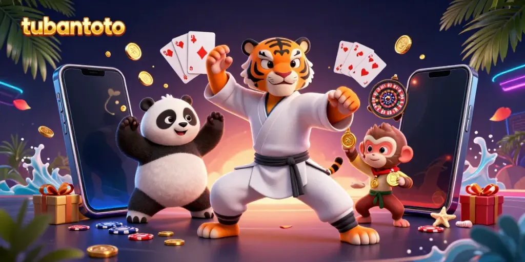 Experience the thrill of gaming with tubantoto: kung fu tiger master and friends in action amid vibrant casino elements.