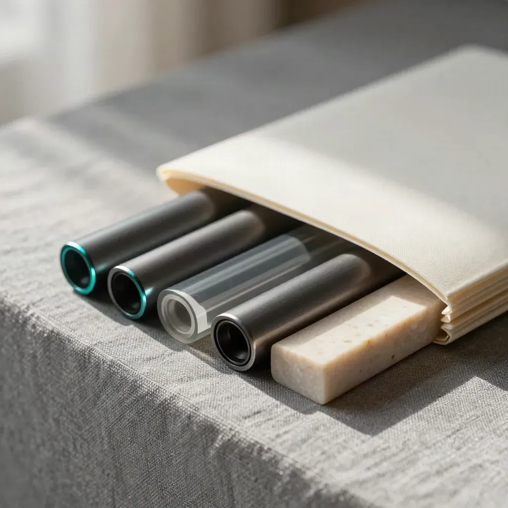 Graphite workflow modules aligned on linen-lined stone with soft daylight and atmosphere