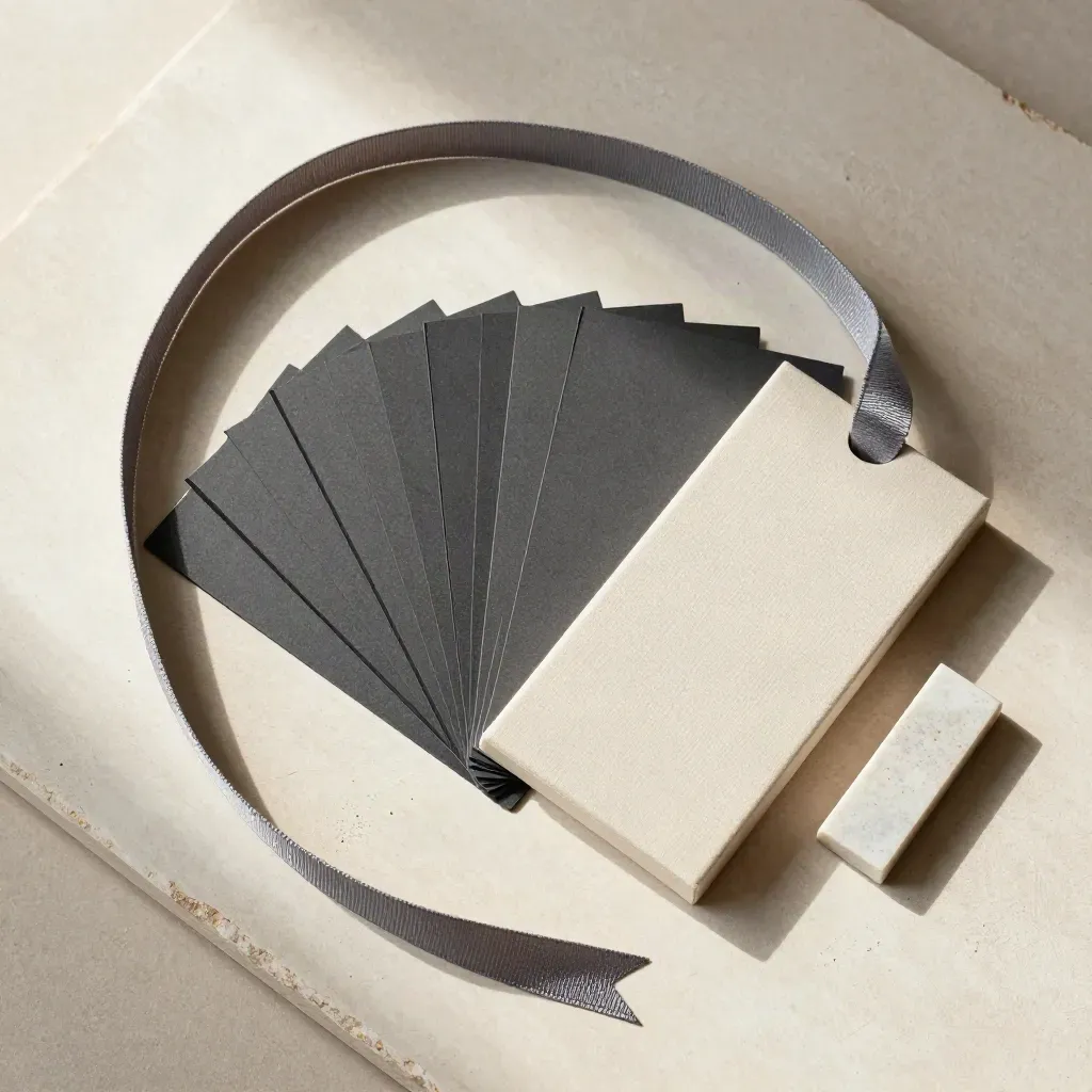Overhead flatlay of ivory guide pieces, charcoal divider cards and slate ribbon on plaster.