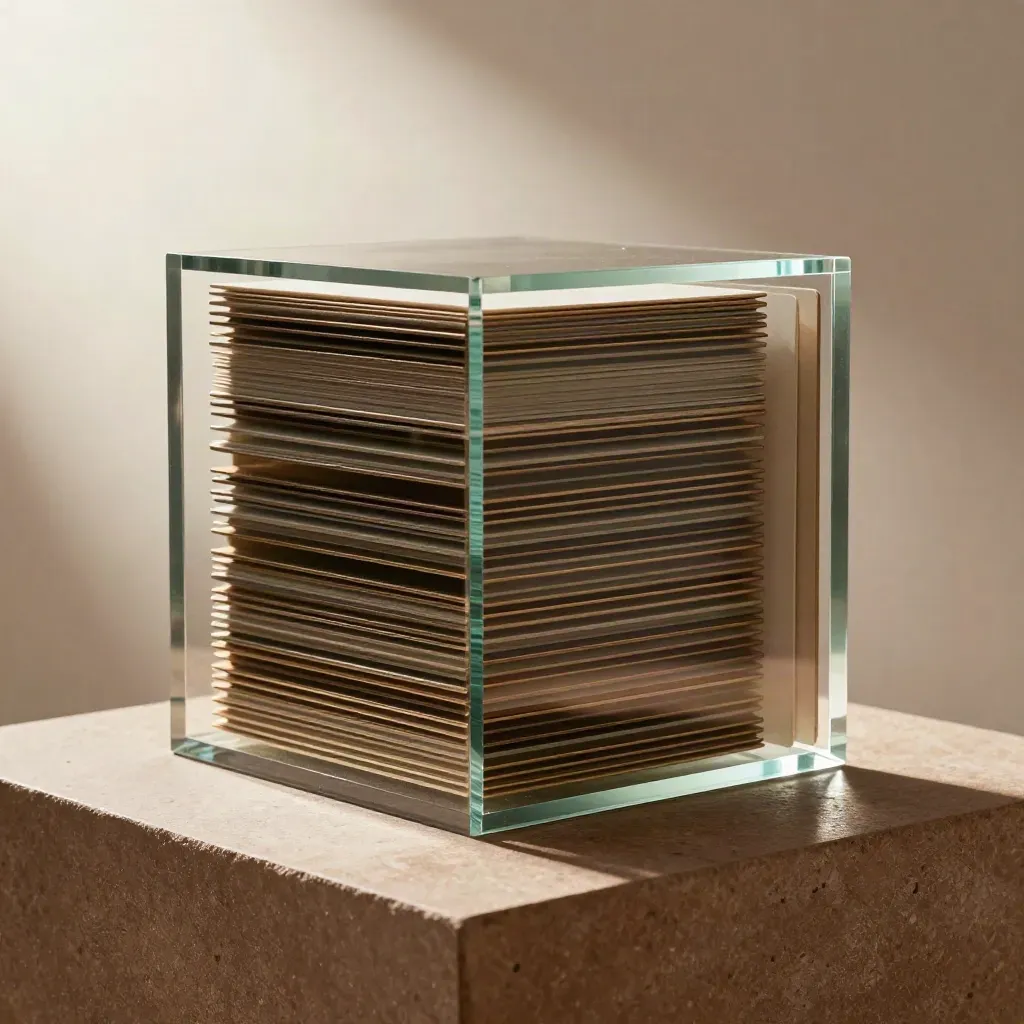 Translucent archive cube with layered sheets and two slim slabs on a mirrored base, lit from the side.