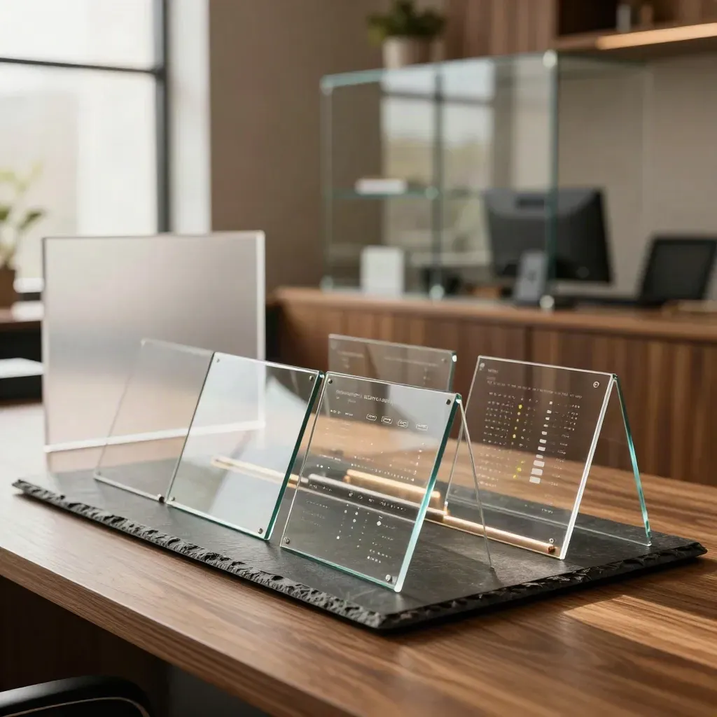 Glass dashboard sculpture on a walnut credenza with soft daylight and blurred office shelves.