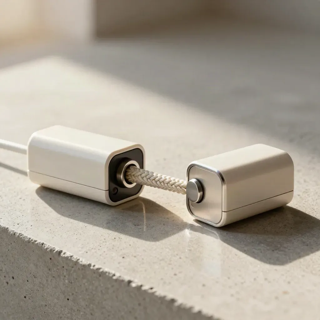 Ivory docking pucks and a braided loop on pale concrete, lit dramatically.