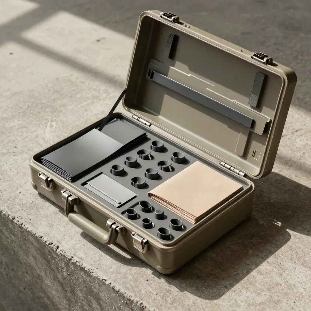Opened marketing bundle kit with modules, pucks, sleeves and spacer bar on olive concrete.