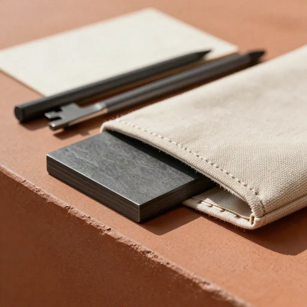 Macro of a graphite drafting kit with a tile sliding from an oat sleeve on terracotta plaster.
