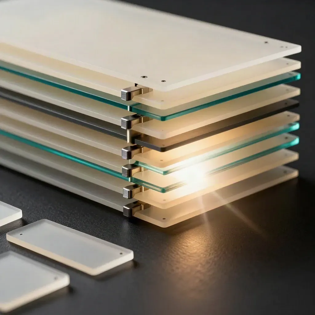 Teal-lit layered workflow modules bursting on a dark studio surface