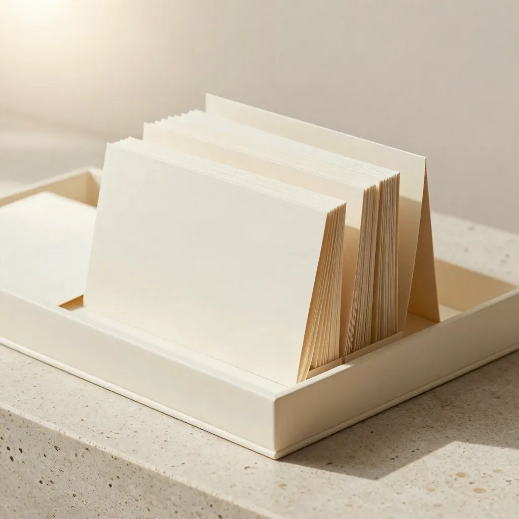 Ivory editorial workflow pack with staggered blocks on travertine, softly lit in a studio hero shot.