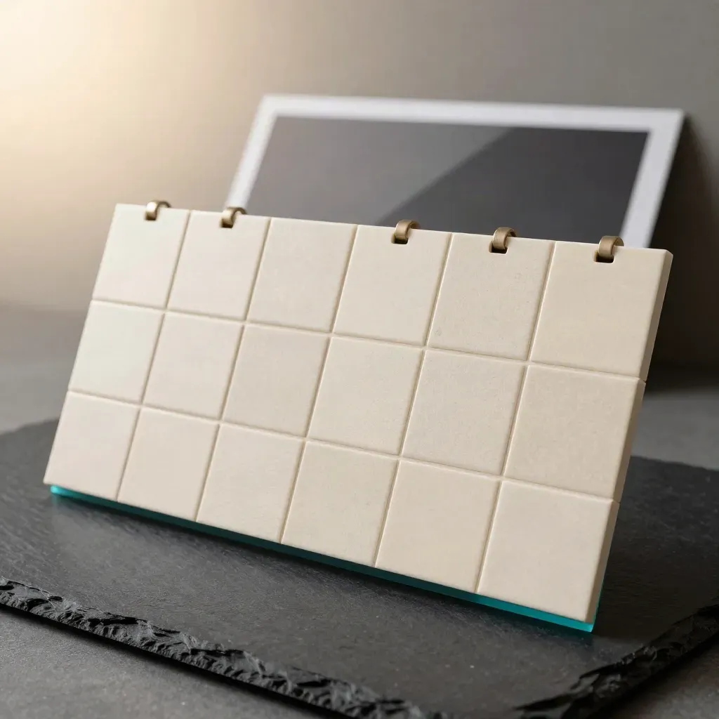Floating ivory calendar tiles align in a dramatic dark studio with a teal rim light.