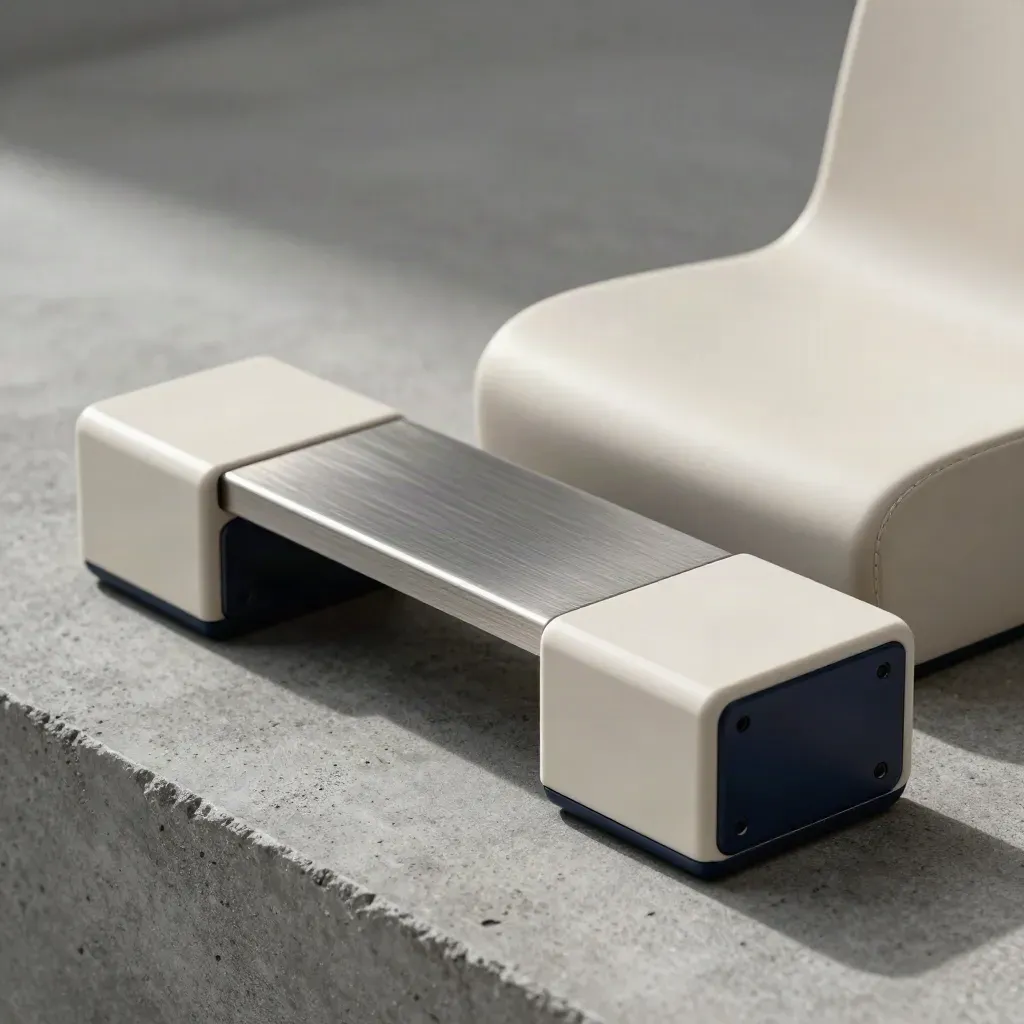 Macro of a premium modular seat with brushed metal bridge and two companion nodes on concrete.