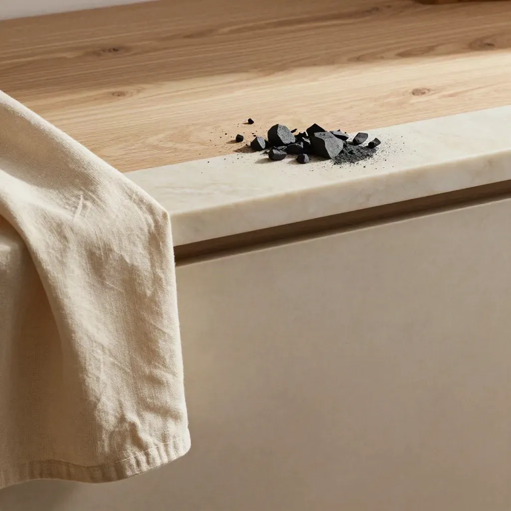 Honed marble and pale oak drafting surface with linen drape and graphite offcuts in warm sun