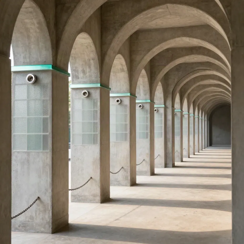 Sunlit concrete arcade with linked frosted workflow tiles and long chain-like shadows.