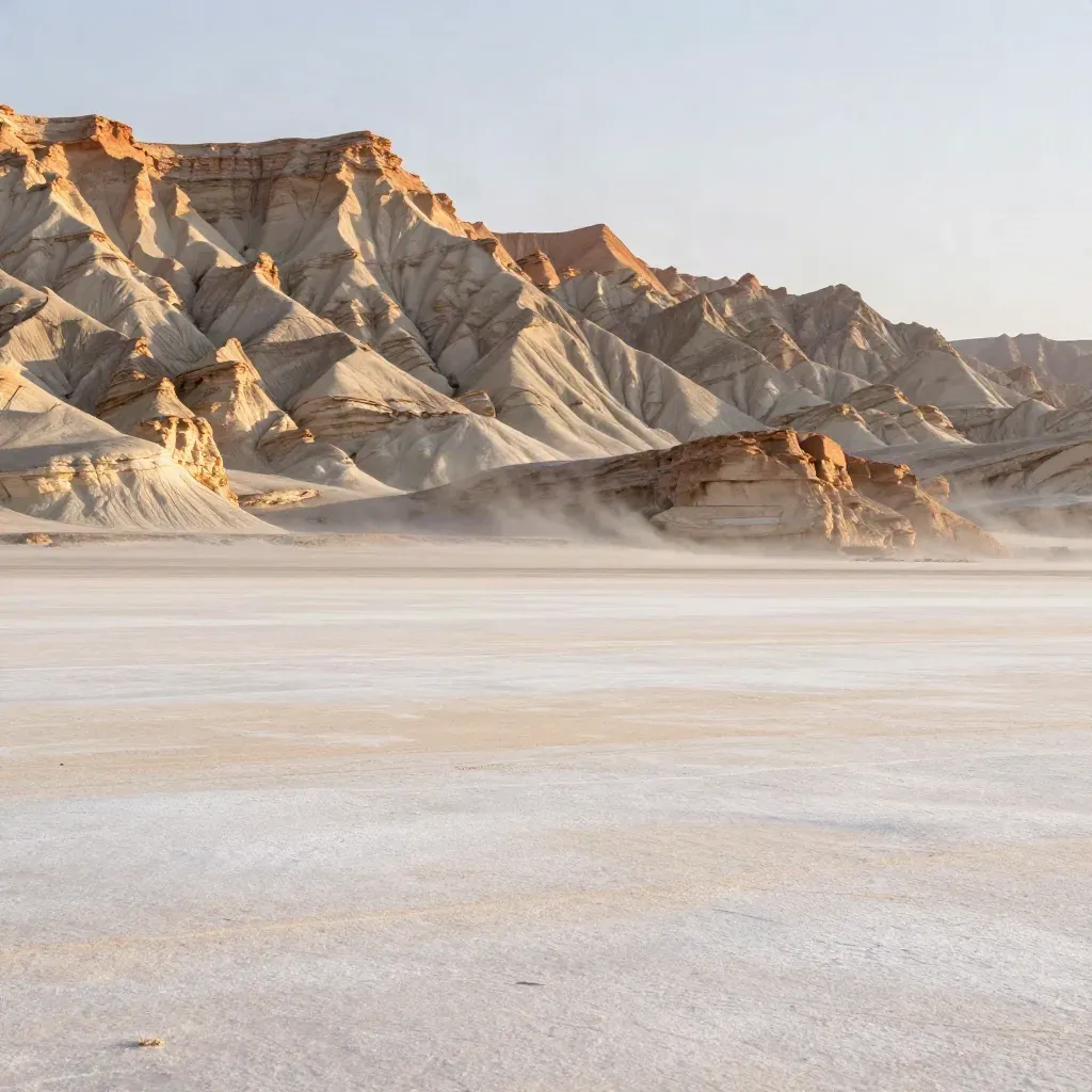 Sandstone ridge above a still salt flat, lit by late-afternoon sun and soft haze